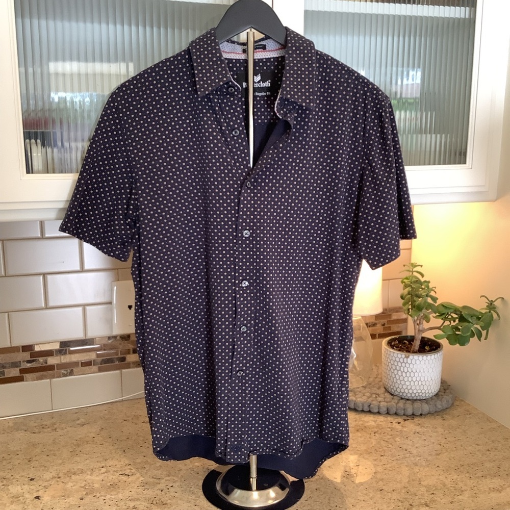Men's Navy Dot Button-Down Shirt Size Medium Regular Fit Icy Cotton